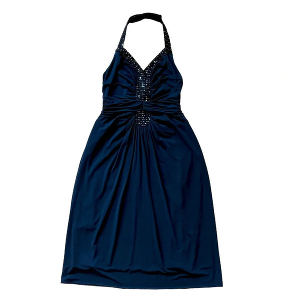 BCBGMaxAzria Dresses & Skirts - BCBGMAXAZRIA Y2K Ruched Jersey Halter Dress Sequin Trim Cocktail Navy Small NWT